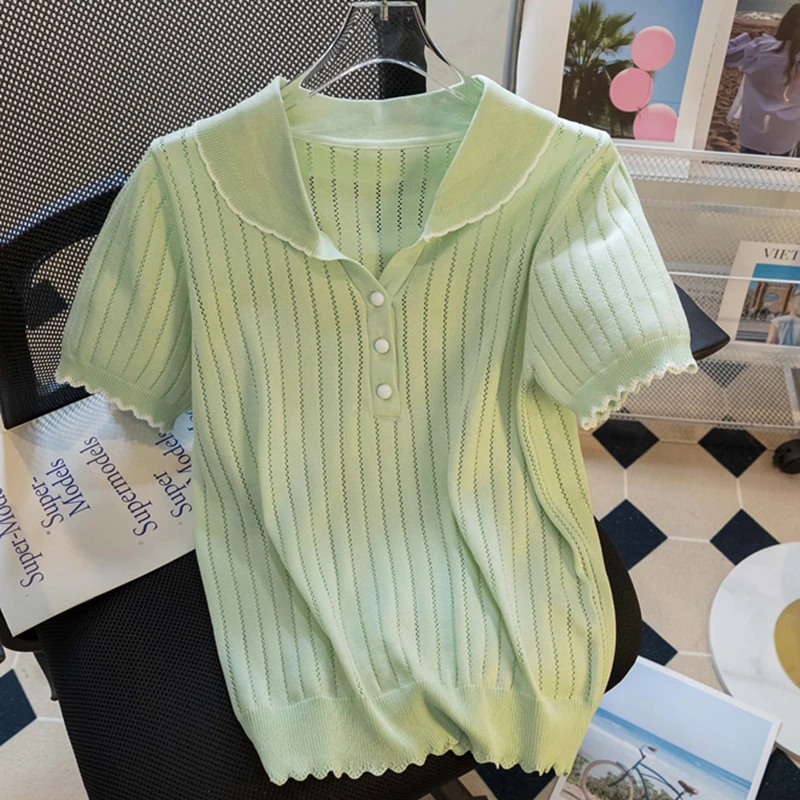 

Short Sleeve White T Shirt for Women Hollow Out Tshirts Korean Fashion Clothes Knitted Tops Female 2023 Summer Tee Shirt Femme