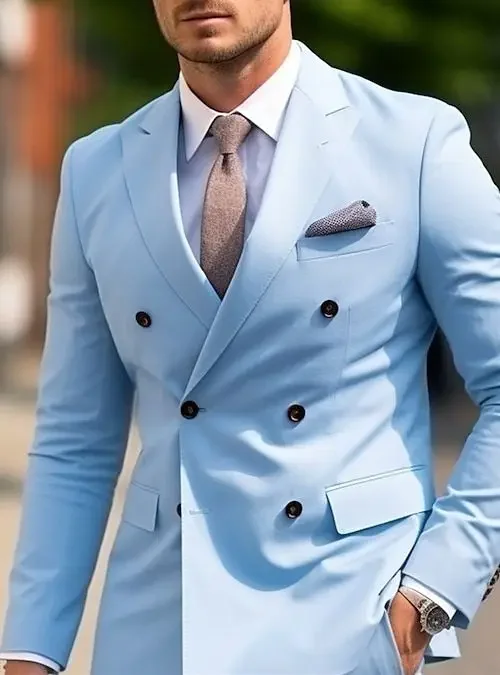 Mint Green Sky Blue Men's Wedding Suits Solid Colored 2 Pieces Daily Business Plus Size Double Breasted Six-buttons Male Suits
