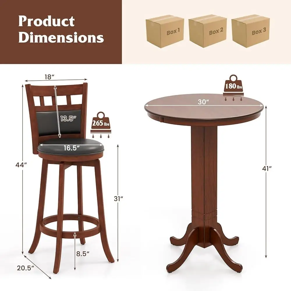 3 Piece Round Bar Table Set with 2 Upholstered Swivel Stools Rubber Wood Frame Kitchen Dining Home Decor 4