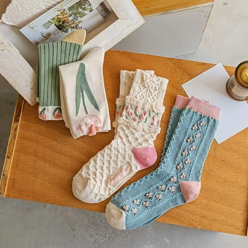Women Floral Socks Set 4pairs Cute Flower Geometric 3D Textured Ankle Cotton Blend Cottagecore Lucky Socks