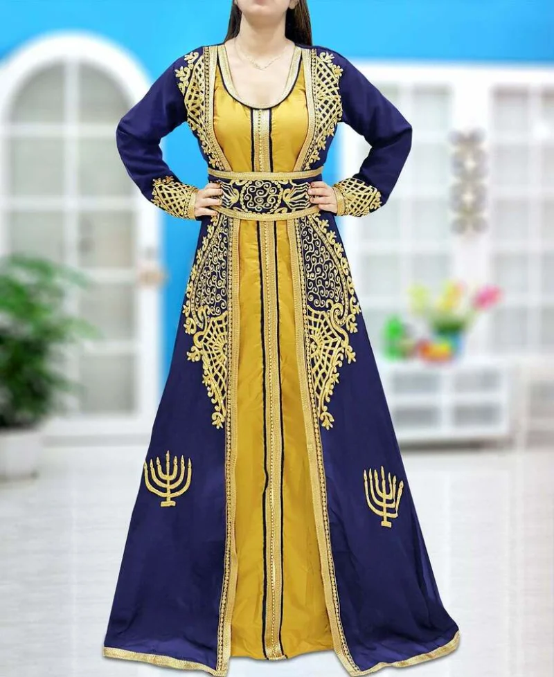 Navy Blue Gold Dress African Dress Fancy Gown Dubai Delicate Beaded Gown Evening Dress 56 Inches