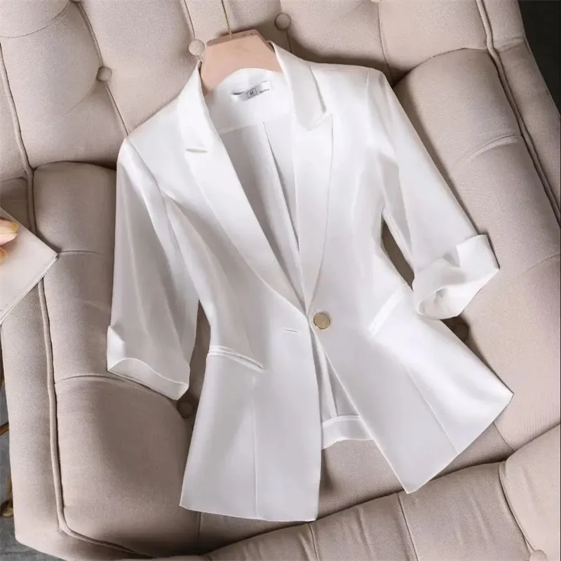 Acetic Acid Elastic Satin Slim Waist Versatile Women's Suit Summer Jacket Slim Fit Three Quarter Sleeve Professional Blazer Coat
