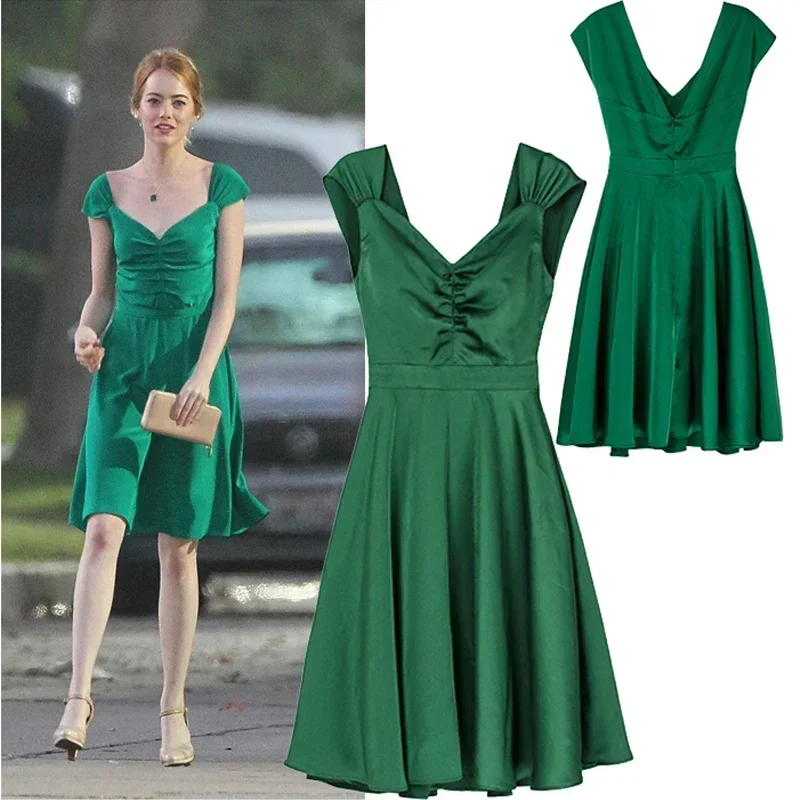 

Movie la la land Emma Stone Mia Cosplay Costume Green Backless Beauty Women Long Dresses V-neck vestido Kleid Style Dress