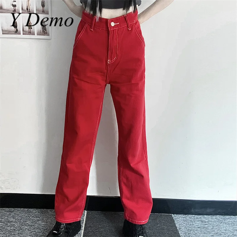 

Y Demo Streetwear 90s Retro Red Straight Pants Women High Waist Loose Jeans Hiphop Grunge