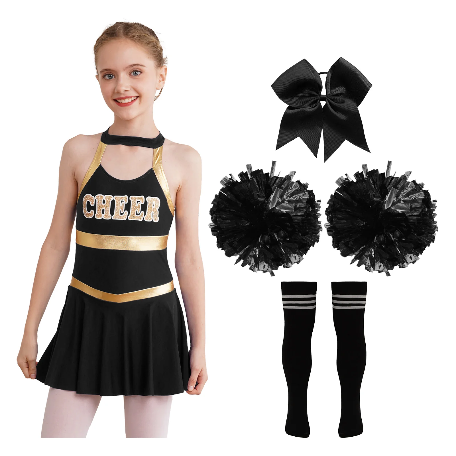 Kids Girls Cheerleading Outfits Jazz Dance Costume Dress with Headwear Ball Flowers Tube Socks for Sports Meeting Performance
