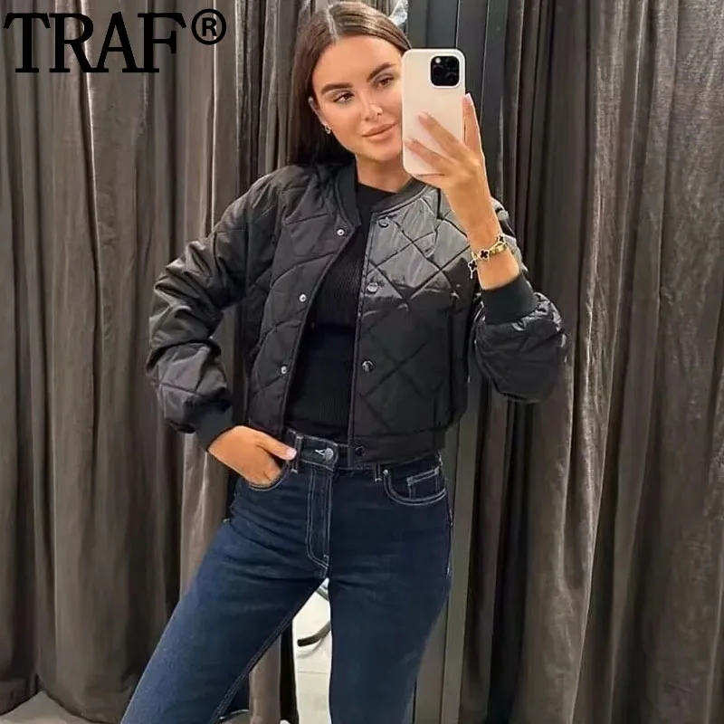 

TRAF Bomber Short Padded Jacket Women Black Quilted Jacket Woman Fashion Long Sleeve Padding Crop Jacket Autumn Winter Coats