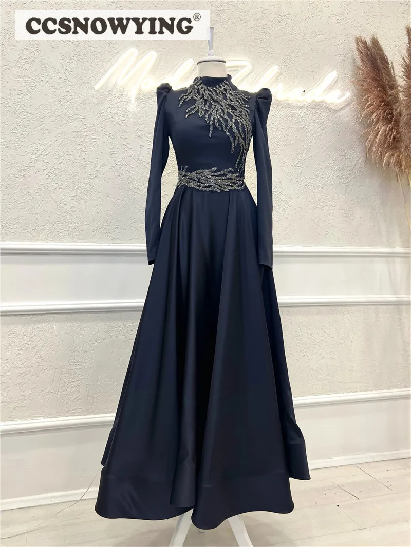 

Navy Long Sleeve Muslim Evening Dress High Neck Islamic Hijab Formal Party Gown Saudi Arabia Kaftan Satin Beaded Robe De Soiree