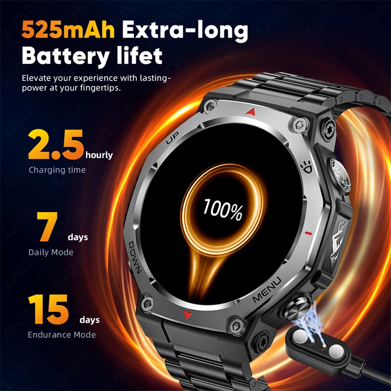 LIGE Smartwatch Uomo EF5 - Torcia LED Integrata, Chiamate Bluetooth, Schermo AMOLED 1.43'', 100+ Sport, Impermeabile, Cassa In Titanio TC4