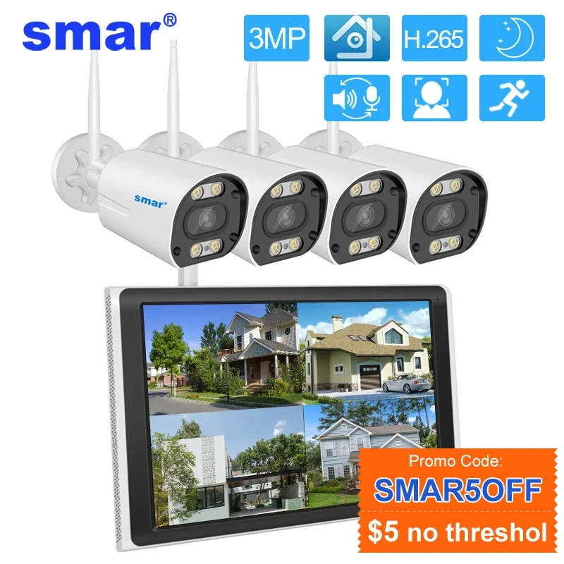 Smar Wifi 3MP Bullet IP Camera Kit with 10.1 inch LCD Screen Monitor NVR Wireless CCTV Security Sytem AI Face Detect ICSEE