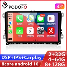 Podofo-Radio con GPS para coche, reproductor Multimedia con Android 10, CarPlay, 2 Din, para VW, Volkswagen, Golf, Polo, Skoda, Rapid, Octavia, Tiguan, Passat b7
