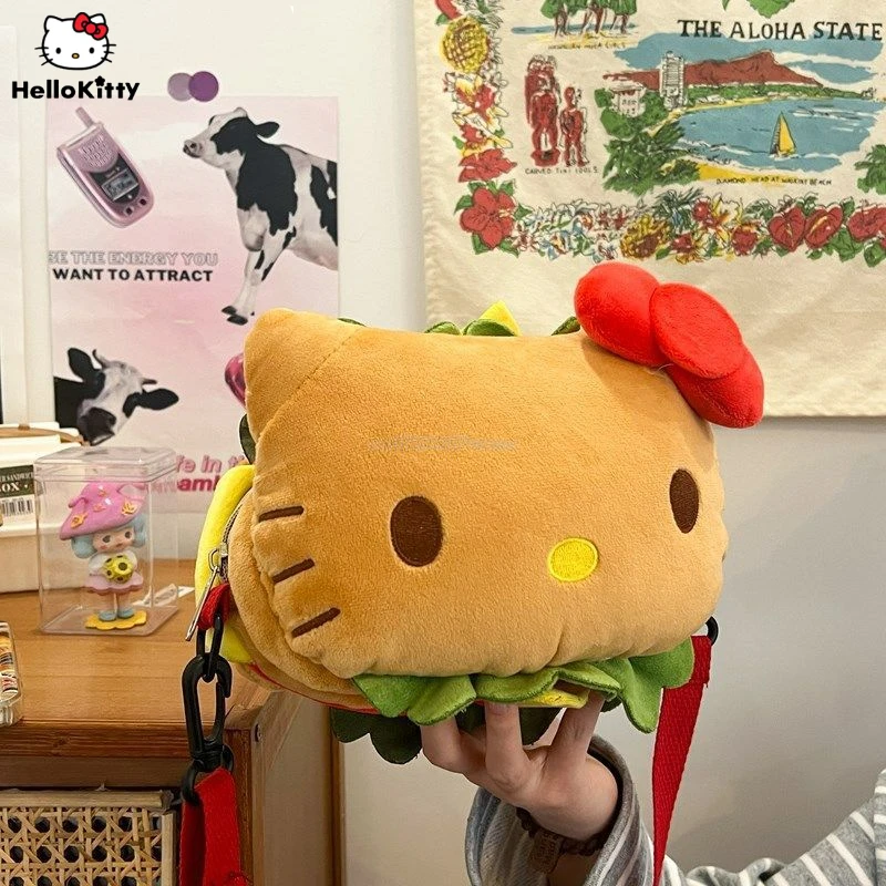 

Miniso Japanese Kawaii Hello Kitty Hamburger Crossbody Bag Women Cute Cartoon Soft Plush Handbag Girl Kids Cartoon Messenger Bag