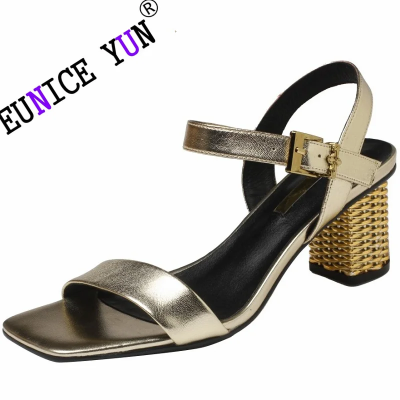 

【EUNICE YUN】Summer Women Brand Genuine Leather Sandal Fashion Open Toe Thick Low Heel Shoes Ladies Elegant Party Dress Pumps