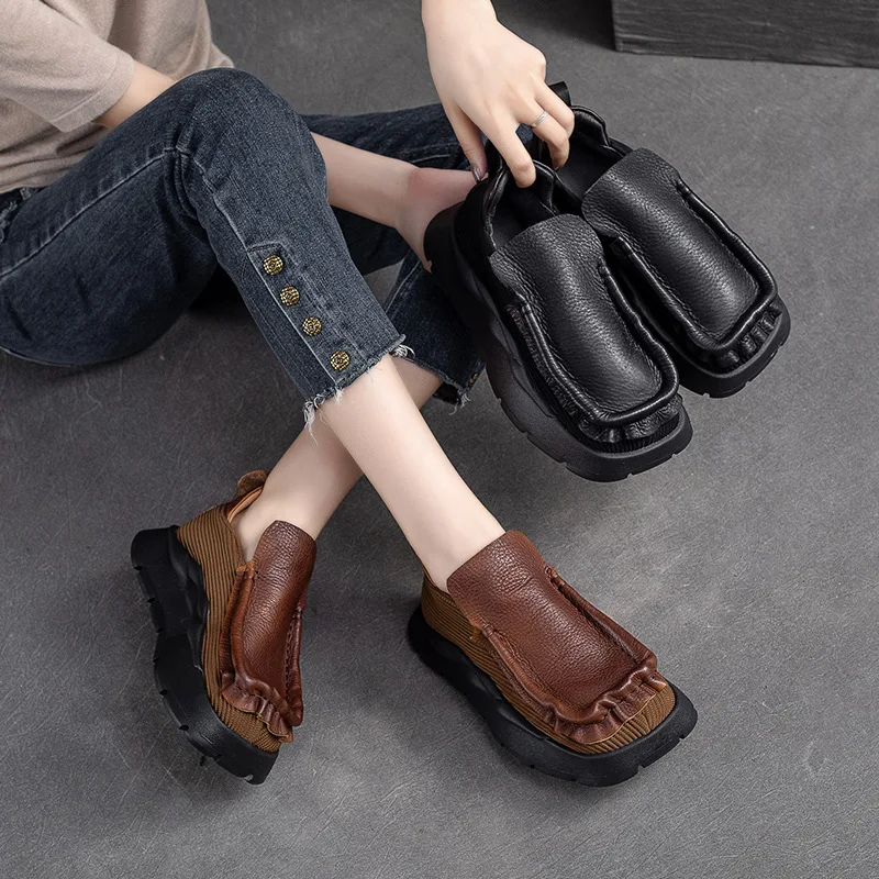 

Loafers Women Leather Shoes Lazy Slip on Wedge Heels Ladies Handmade Genuine Leahther Women Black Pumps Brand 2023 Casual