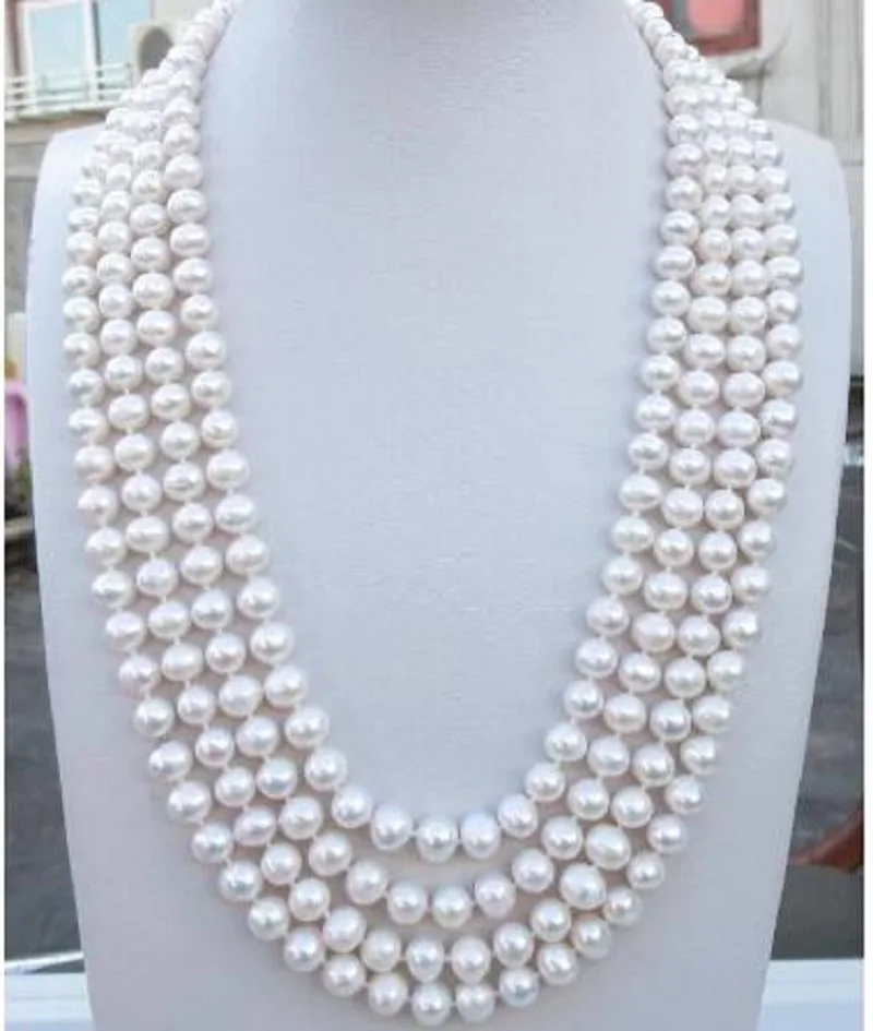 

60“ AAAA Japanese Akoya 7-8 mm white pearl Necklace 14K Yellow Gold clasp