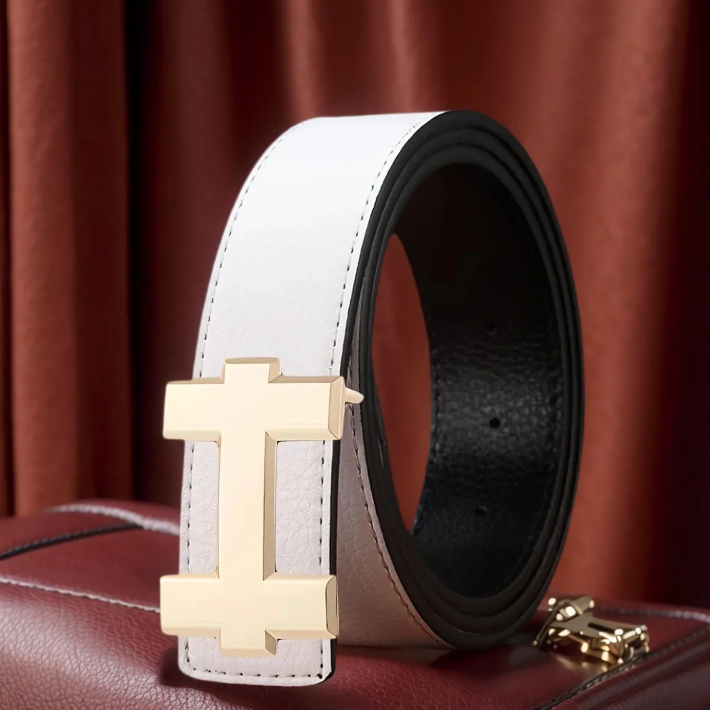 3.5cm Stylish Designer Belt with Gold and Silver Smooth Buckle