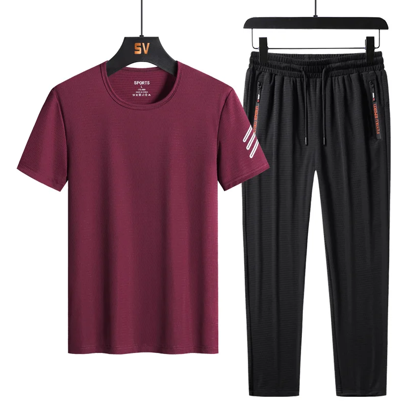 

Ice Silk Short Sleeve Casual Set Men's Summer Thin Men's Loose Large Breathable Mesh Round Neck T-shirt Men Clothing