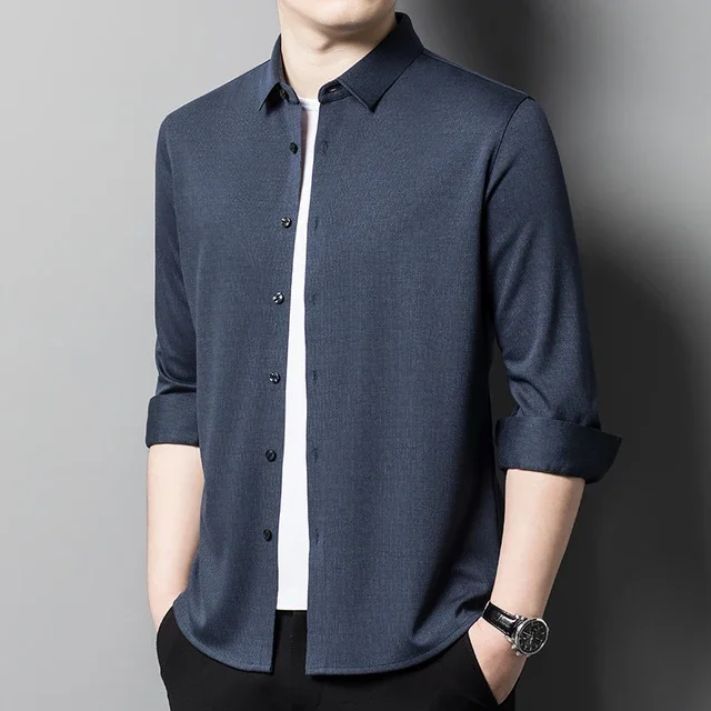 Seamless Wool Men's Dress Shirts Luxury Solid Color Long Sleeve Business Casual Single Breasted Male Shirts Plus Size 4XL