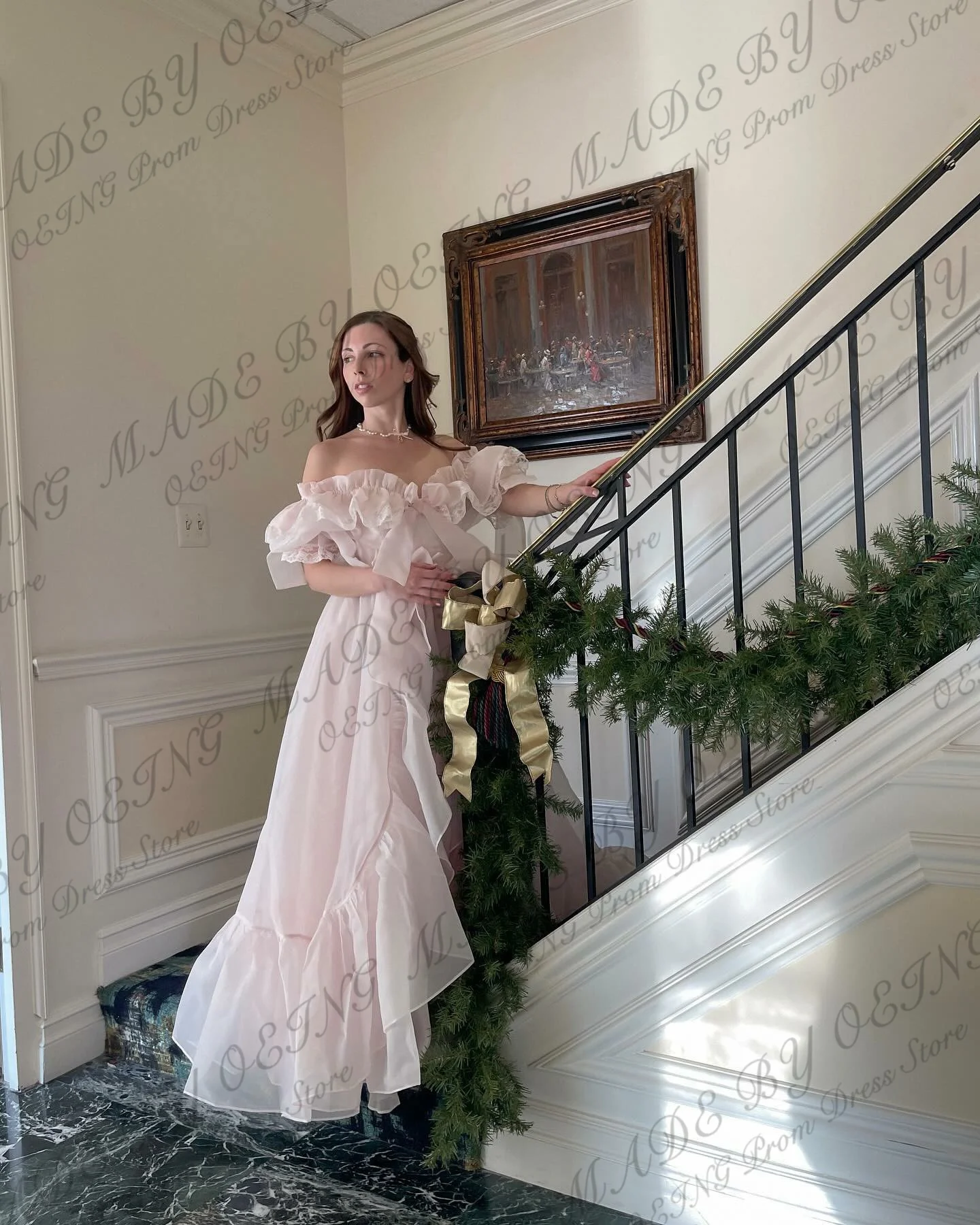 OEING Fairy Ruffles Long A Line Evening Dresses Off The Shoulder Short Sleeves Prom Dress Formal Party Occasion Gowns Birthday