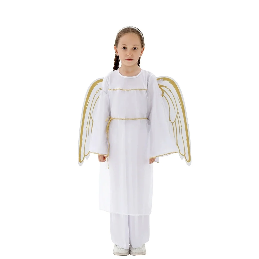 Girls Clothes Angel Costume Outfits Halloween Theme Party White Greek Toga Fancy Dress with Wings Headband Dress Up Clothing Set