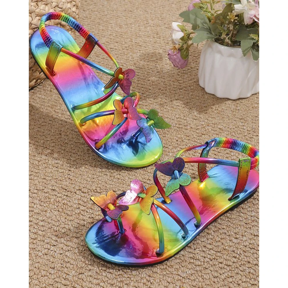 Women Summer Beach Butterfly Decor Back Strap Flats Sandals Outdoor Summer Fashion Round Toe Multicolor Going Out Summer Shoes