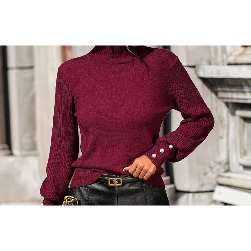 

2023 Cross-Border Autumn and Winter New Solid Color European and American Pullover Women's Knitwear Turtleneck Beaded Versatile