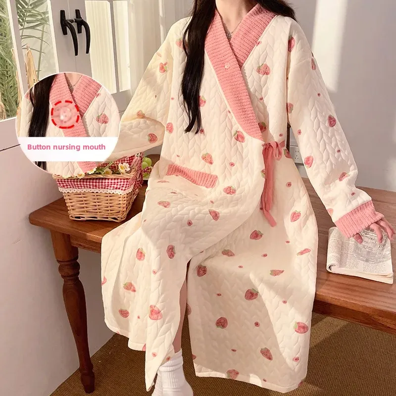 Breastfeeding Dress Air Cotton Postpartum Warmth Home Clothes for Pregnant Women Autumn Winter Hospital Gown Baby Shower Gift