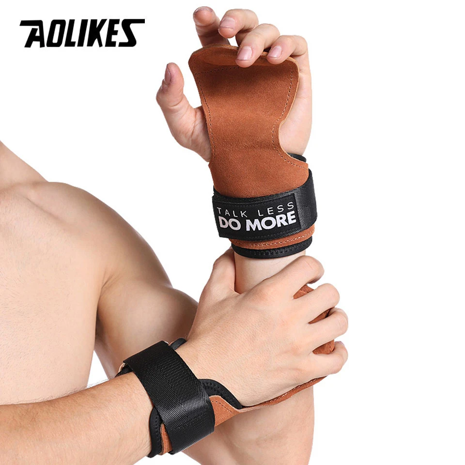 AOLIKES Cowhide Gym Grips Gloves Weightlifting Fitness Pull Up Crossfit Workout Equipment Anti-Slip Wear-Resistance Palm Protect 3