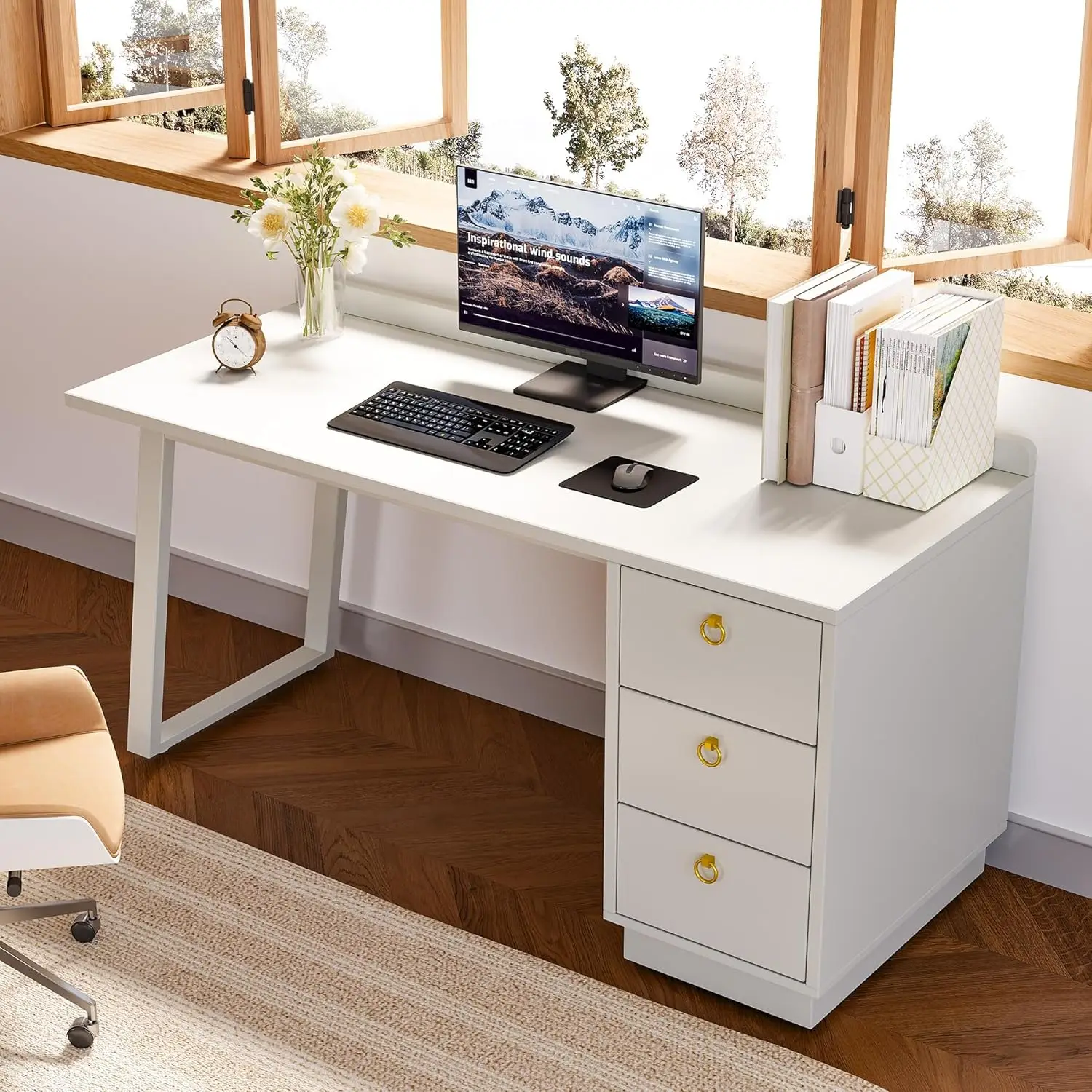 Computer Desk with Wood Drawers, Home Office Desk with Storage Office Desk Study Writing Desk Work Station for Office Bedroom 4
