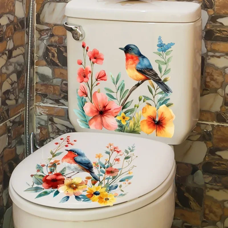 Flower Bird Nature Series Home Toilet Waterproof Stickers Decoration Paster Bathroom Toilet Cover 30 30cm PVC 2pcs,wall stickers,toilet stickers