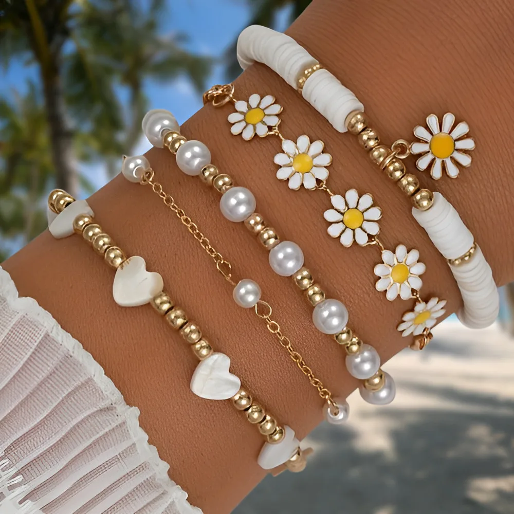 4pcs Vintage Daisy Flower Pendant Faux Pearl Bracelet Set for Women Bohemian Beaded Enamel Star Stackable Hand String Jewelry 2