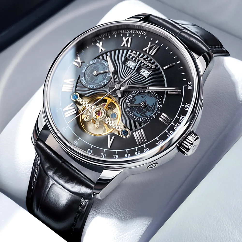 

TAXAU Luxury Brand Men's Mechanical Skeleton Calendar Date Wristwatch Business Leather Strap Waterproof Luminous Watches For Men