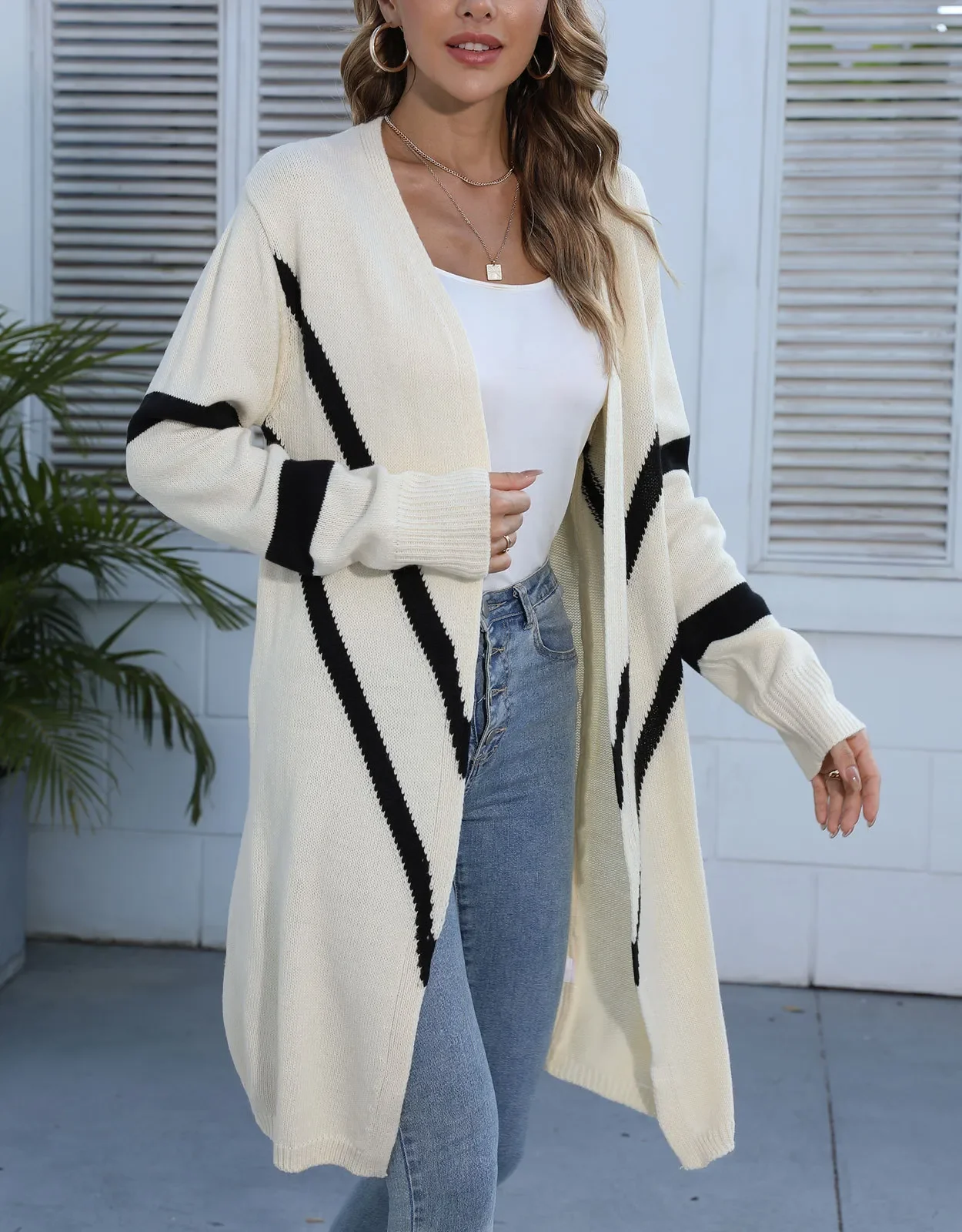 

Женский длинный кардиган с геометрическим рисунком, черный или синий длинный вязаный джемпер, мягкое пальто для весны и осени и зимы
