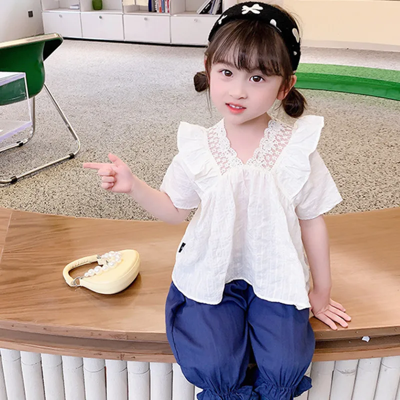

2022 Summer Style Toddler Girls Retro Clothing Set New Arrival White Lace V-neck Shirt Blouse+Loose Pant Two Piece Kids Outfit
