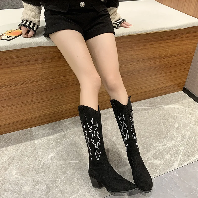 

Western Cowboy Boots Women Mid-Calf Square Heels Booties Ladies Runway Fashion Embroidery Flock Shoes Woman Pointed Botas Mujer