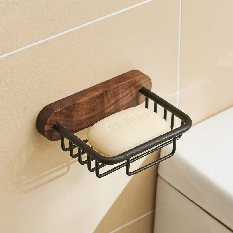 

Walnut soap box Drain free punch shelf soap dish Light Luxury bathroom soap rack wall mounted
