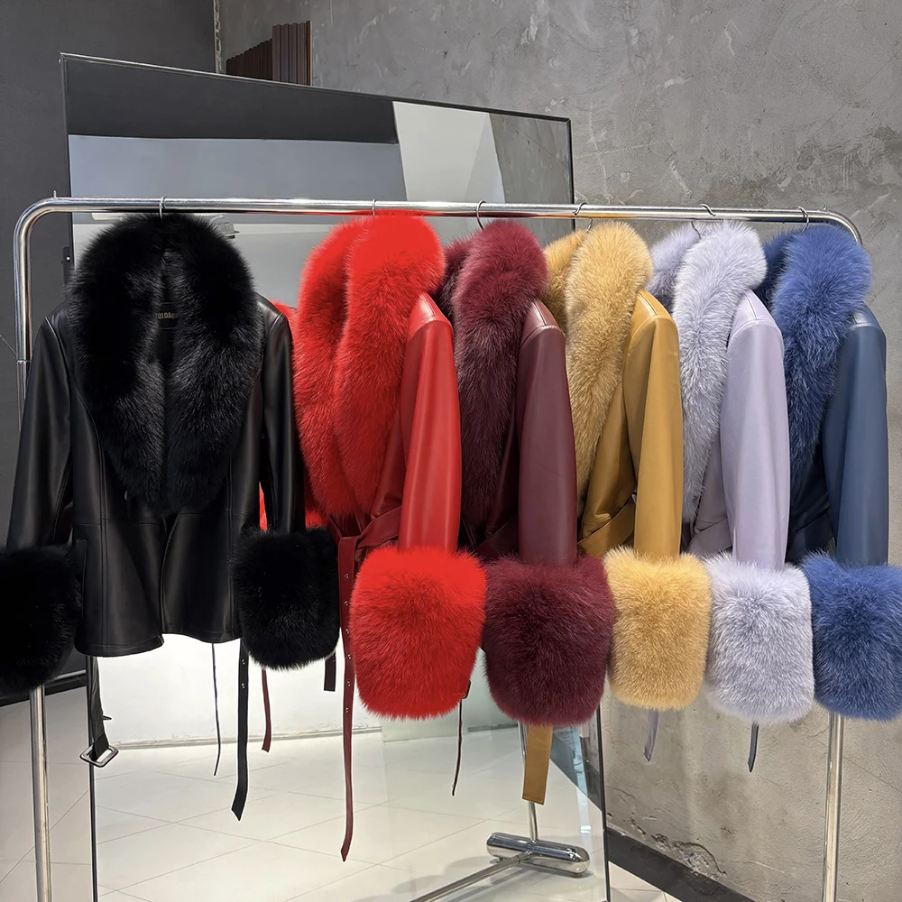 YOLOAgain Real Fox Fur Collar Genuine Leather Jacket Women