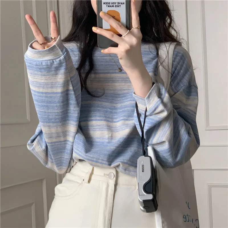 Women's Striped Long Sleeve Loose Fit T Shirt