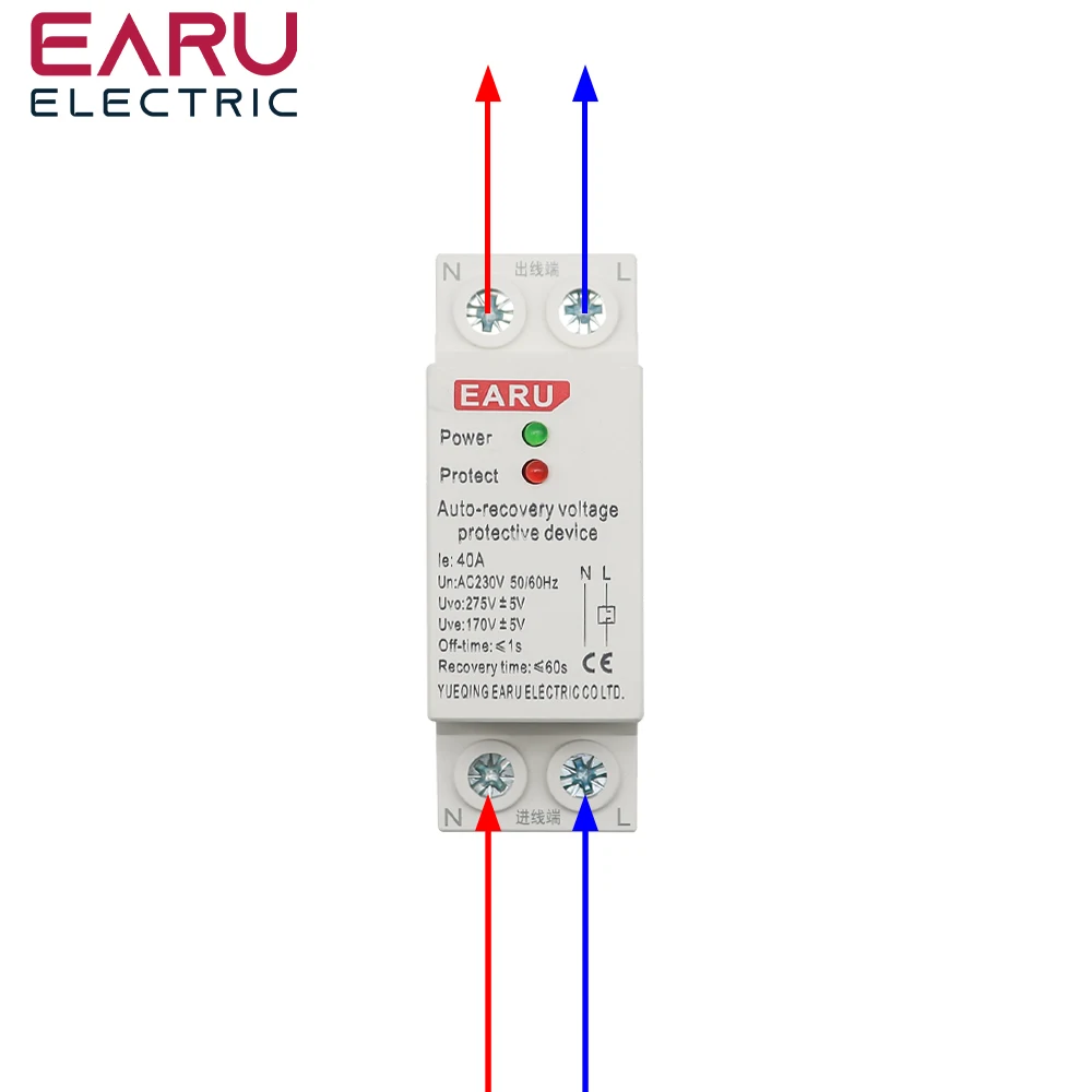Mini 40A 63A 230V 1P+N Voltage Protector Automatic Recovery Reconnect Over Voltage and Under Voltage Protective Device Relay