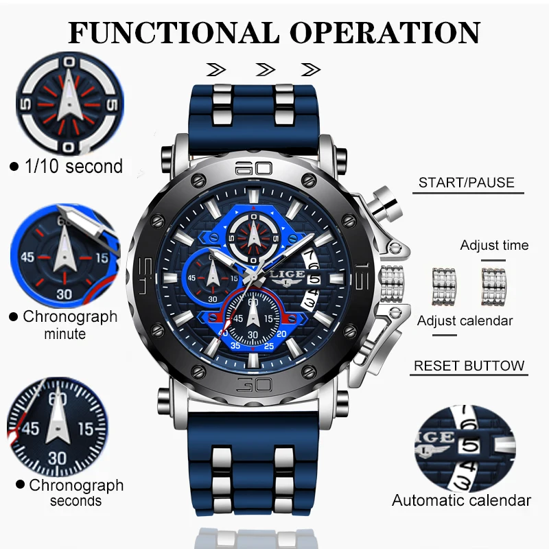 LIGE Top Brand Luxury Man Watch Waterproof Chronograph Luminous Date Wristwatch For Men Quartz Silicone Men's Watches Sprots