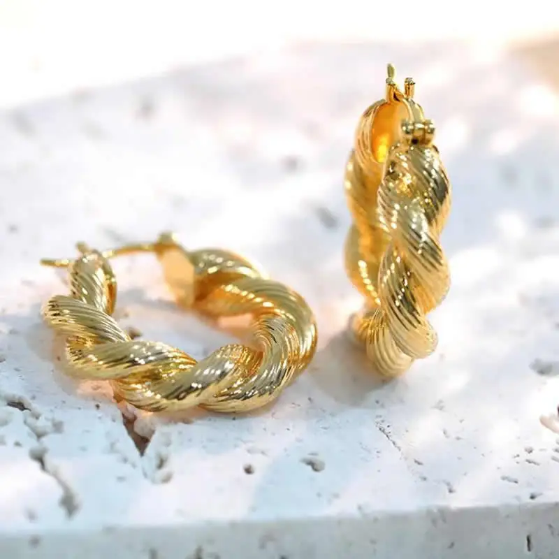 18K Yellow Gold Earrings Fried Dough Twists AU750 Rope Hoop Earrings For Women 5g