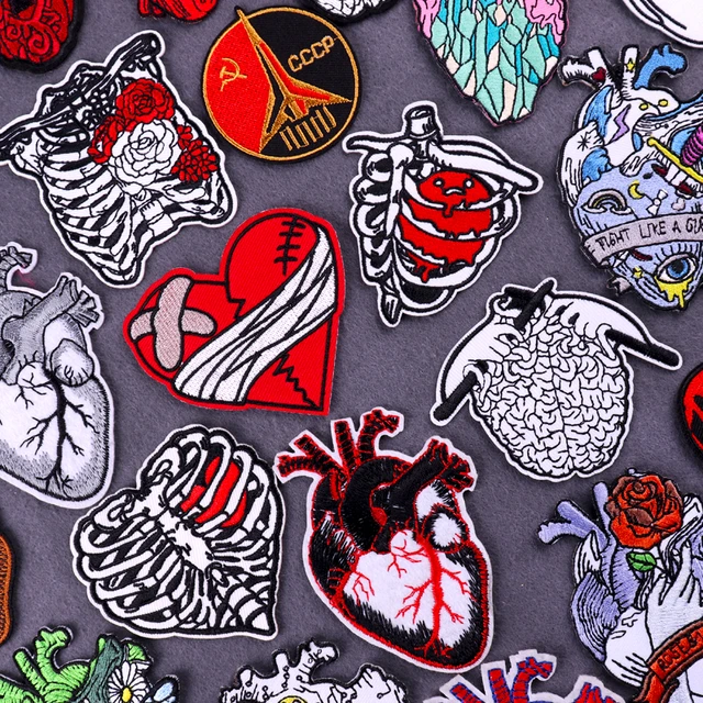 Gem Heart Sticker Embroidered Patches Clothing Badges Hippie Red Heart  Human Organs Patch Iron on Patches