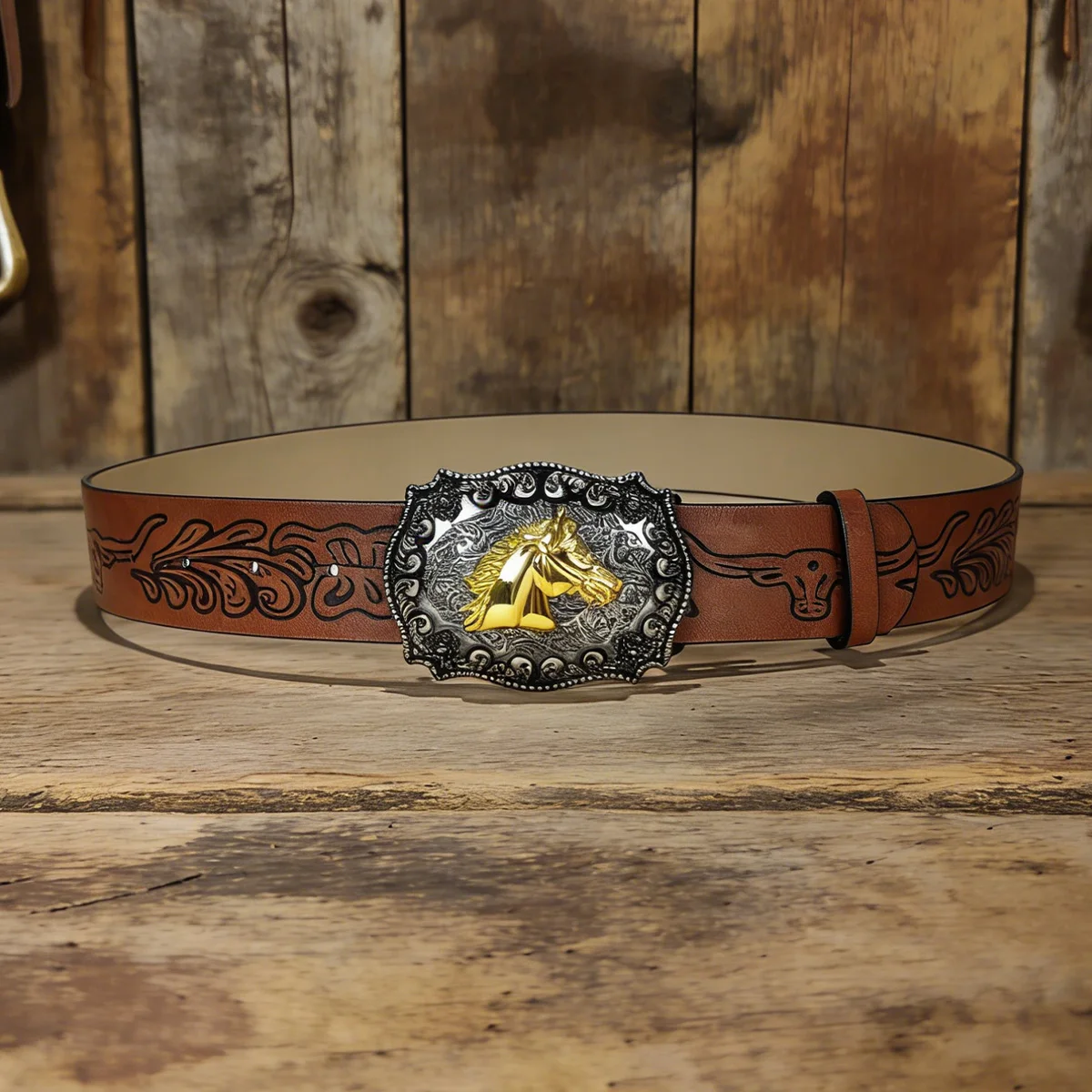 Plus Size Unisex Western PU Leather Vintage Belt with Bull Decoration and Horse Buckle