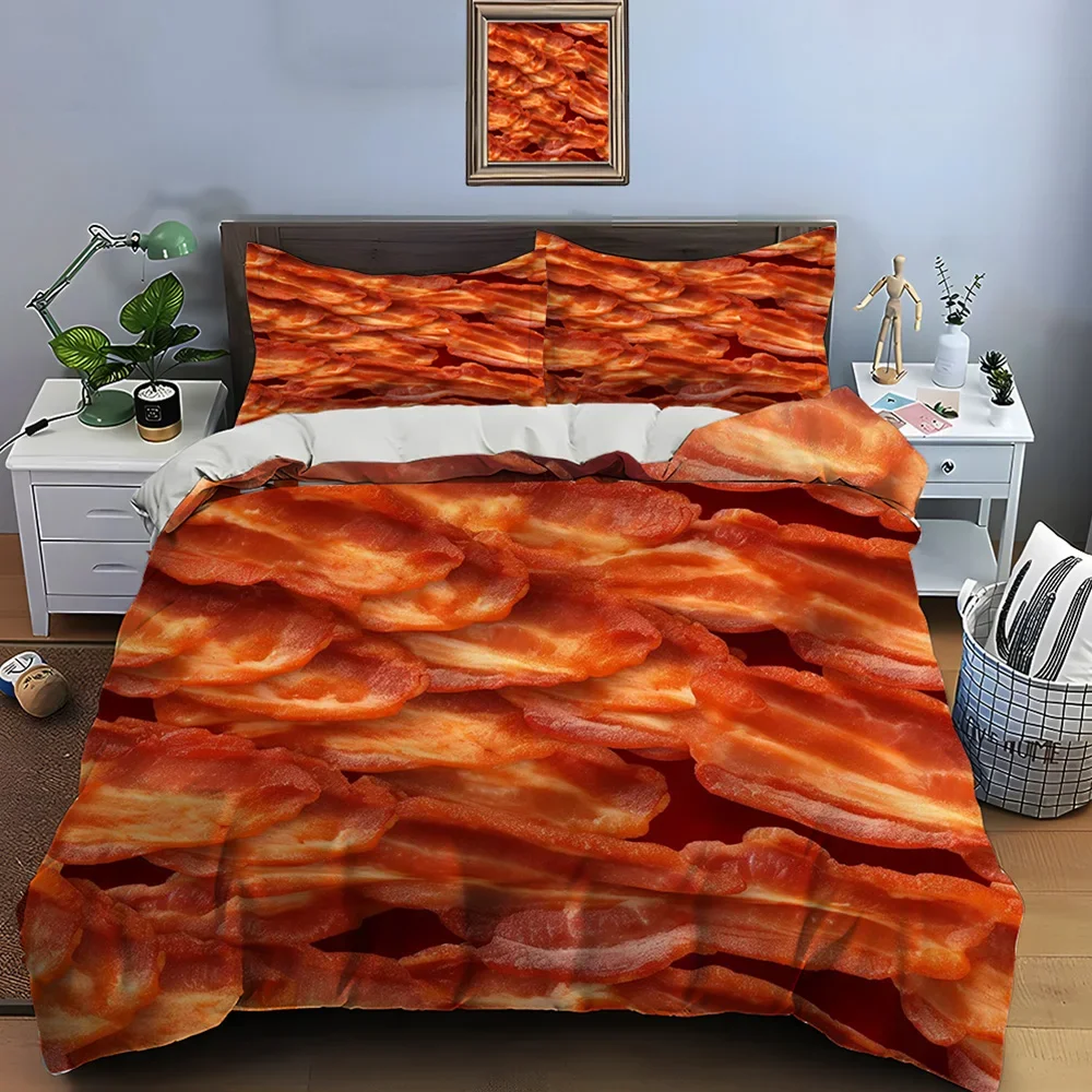 HD Meat Bacon Food Print Bedding Set Duvet Cover 1 Duvet Cover 2 Pillowcases Adult and Children Bedding Set Luxury for Gifts