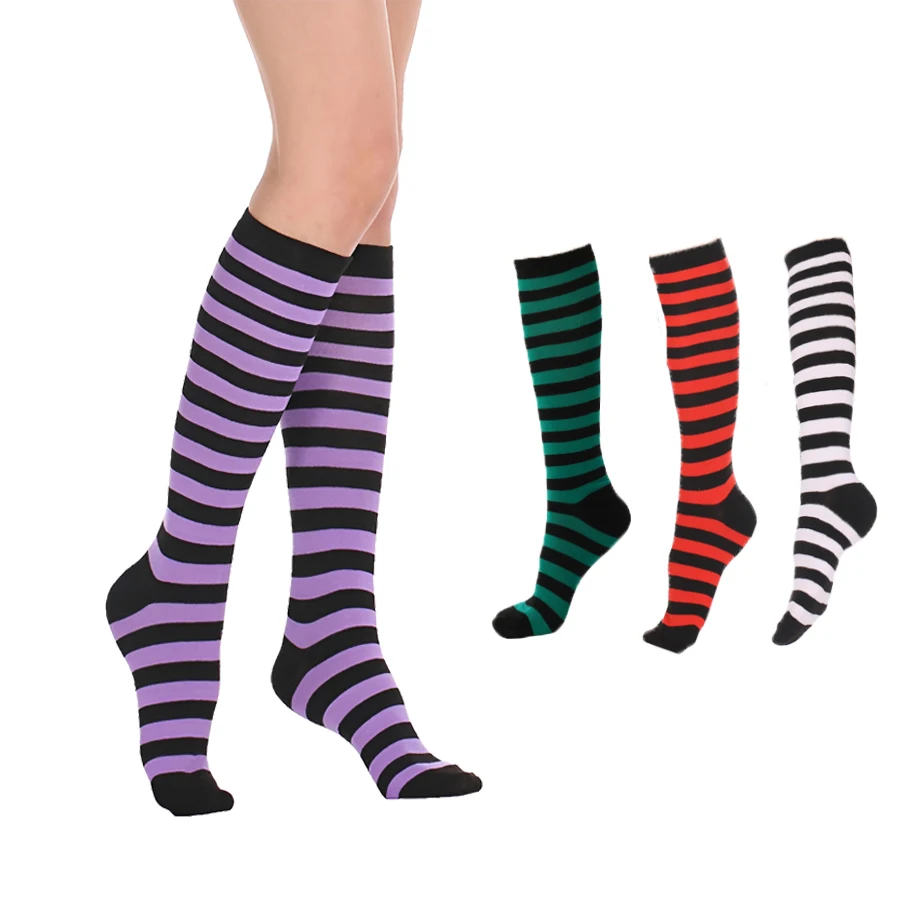 1 Paar kniehohe Damensocken, Oberschenkelsocken, niedlich, grün, weiß, rot, lila gestreift, sexy, schmal geschnittene, lange Röhrensocken