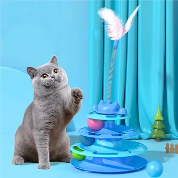 Giradischi per gatti con piume a 4 strati con divertente palla giocattolo e bastone da gioco - Giocattolo interattivo per gatti