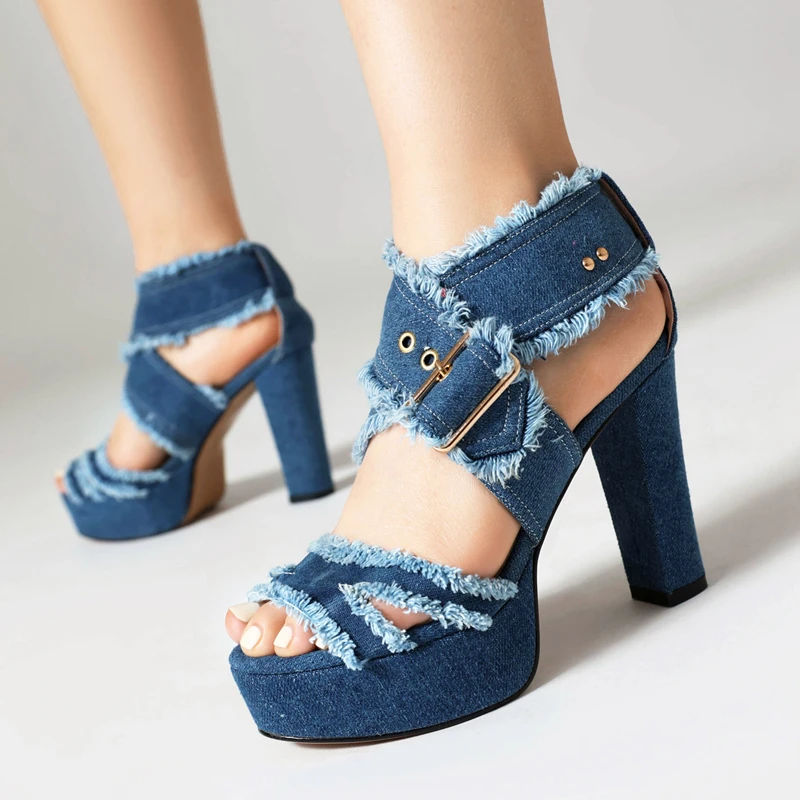 

Brushed Fringes Denim Jeans Punk Gothic Belt Buckle Summer Women Sandals Peep Toe Platform High Heels Blue Gladiator Shoes 34-43