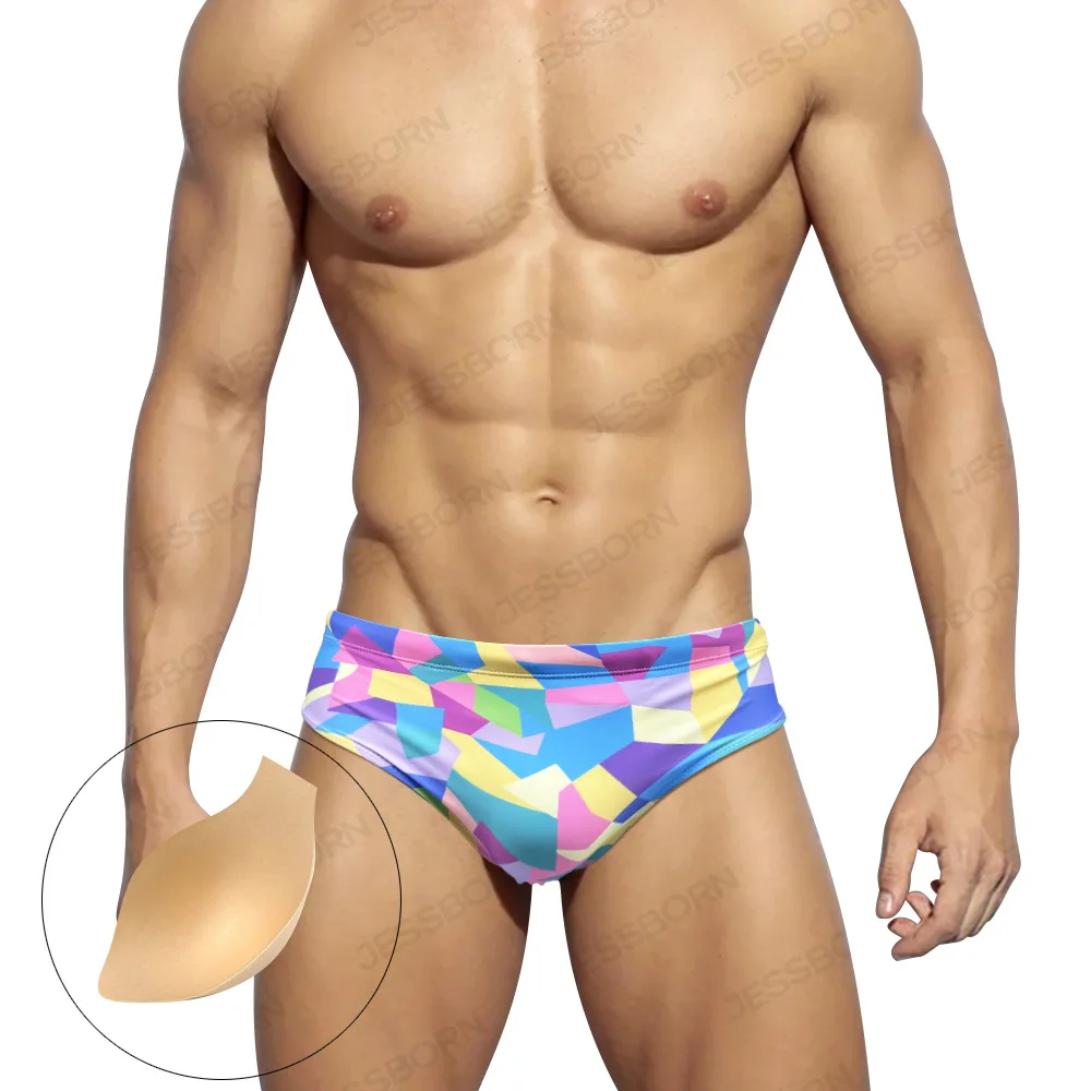 of men's block printed swimming trunks cup anti-embarrassing sports fitness beach hot spring swimming pool swimsuit