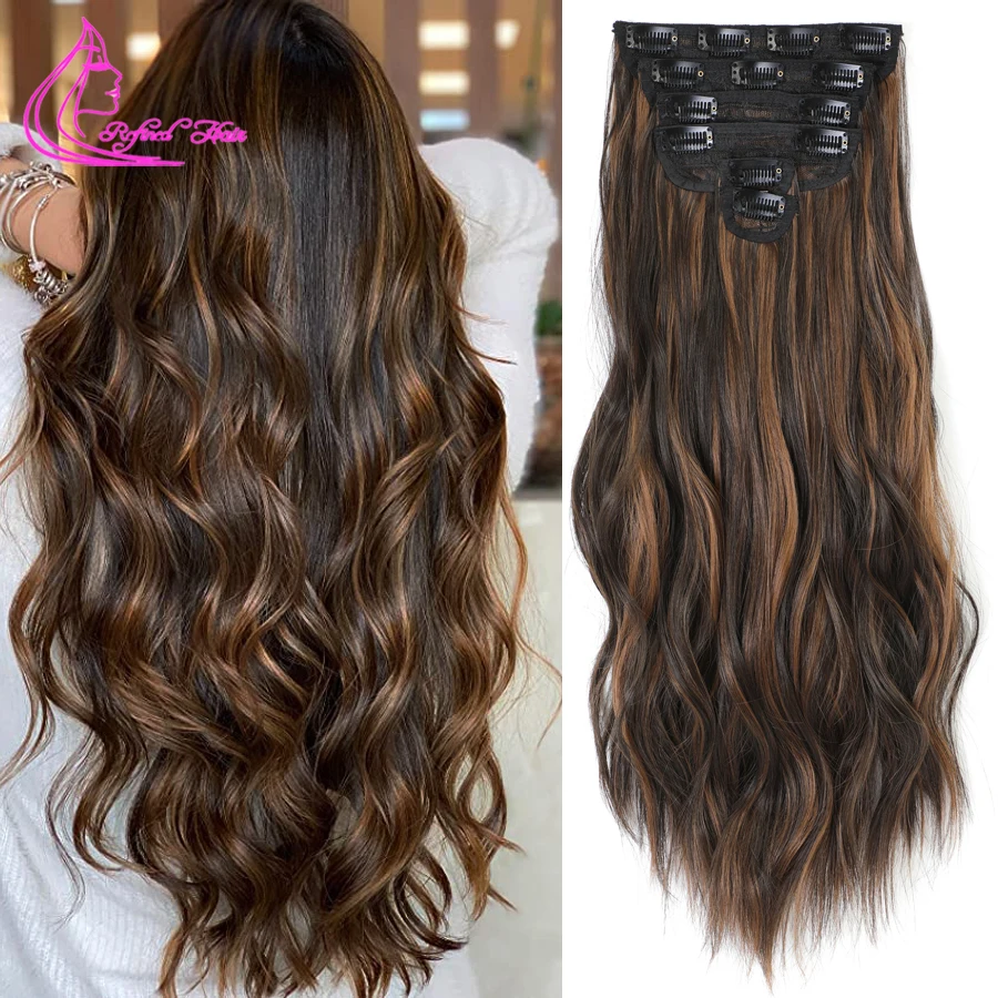 

Synthetic Long Wavy Women High Temperature Synthetic Clip In Hair Extension Hairpiece 6Pcs Clip In Long Soft Glam Waves Thick