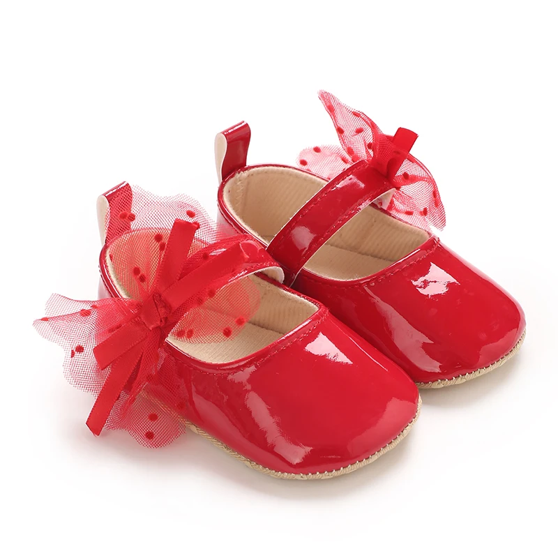 Red Girl Bow Decoration Princess Flat Shoes With Anti Slip Fabric Sole Walking Newborn Baby Crib Dress Shoes 0-18M