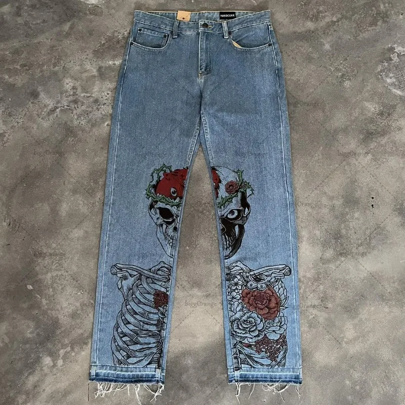 

New Street Style Skull Printed Wide Leg Pants Trendy High Waist Washed Trousers Women Y2k Retro Versatile Oversized Jeans Men